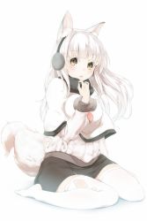 Rule 34 | 1girl, animal ears, bad id, bad pixiv id, blush, capelet, earmuffs, eyebrows, fox ears, fox tail, gedou (shigure seishin), hand to own mouth, long hair, looking at viewer, open mouth, original, sitting, skirt, solo, sweater, tail, thighhighs, wariza, white background, white hair, white thighhighs, yellow eyes
