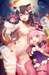 Rule 34 | 2girls, :d, animal ears, animal hands, bandages, basket, bat (animal), black hair, breasts, candy, claw pose, collar, commentary, dress, fang, food, full moon, ghost, gloves, hair between eyes, hair ornament, hair scrunchie, hat, horizontal pupils, kisero (kyuri tizu), kyuri tizu, leash, lollipop, long hair, looking at viewer, low twintails, medium breasts, mini hat, mini top hat, monster girl, moon, multiple girls, mummy costume, naked bandage, navel, night, open mouth, original, outdoors, paw gloves, pink hair, pointy ears, purple eyes, scrunchie, scylla, smile, star (symbol), star hair ornament, swirl lollipop, syrene (kyuri tizu), tail, tentacles, tilted headwear, top hat, twintails, very long hair, yellow eyes