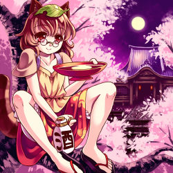 Rule 34 | 1girl, alcohol, animal ears, architecture, bad id, bad pixiv id, bloomers, bottle, branch, brown eyes, brown hair, cherry blossoms, clog sandals, collarbone, cup, east asian architecture, female focus, full body, full moon, futatsuiwa mamizou, glasses, gorota, in tree, lantern, leaf, leaf on head, moon, night, no socks, object on head, pince-nez, raccoon ears, raccoon tail, red eyes, sakazuki, sake, sandals, short hair, sitting, sitting in tree, skirt, smile, solo, stairs, tail, temple, touhou, tree, underwear, zouri