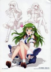 Rule 34 | 1girl, absurdres, an2a, blush, breasts, detached sleeves, frilled skirt, frills, frog hair ornament, green eyes, green hair, hair ornament, hair tubes, highres, kochiya sanae, large breasts, long hair, long skirt, long sleeves, looking at viewer, multiple persona, open mouth, scan, shirt, shoes, sitting, sketch, skirt, snake hair ornament, socks, star (symbol), touhou, traditional clothes, upskirt, white legwear