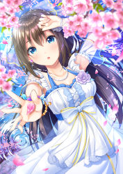 Rule 34 | 1girl, :o, absurdres, birthday, blue eyes, blush, brown hair, cherry blossoms, commentary request, corsage, dress, earrings, hair between eyes, halterneck, highres, jewelry, long hair, looking at viewer, love live!, love live! nijigasaki high school idol club, necklace, osaka shizuku, petals, saikyo pink fp, sidelocks, solo, white dress