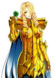 Rule 34 | 1girl, armor, blonde hair, blue eyes, drill hair, flower, gauntlets, gold armor, gold cloth, gold saint, hair over one eye, highres, holding, holding flower, long hair, looking at viewer, saint seiya, shoulder armor, simple background, solo, pauldrons, white background
