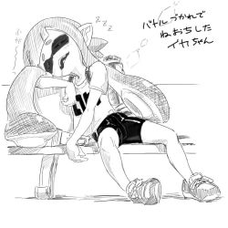 Rule 34 | 1girl, bad id, bad twitter id, bike shorts, drooling, fangs, full body, greyscale, inkling, inkling girl, inkling player character, kabeu mariko, long hair, monochrome, nintendo, open mouth, shirt, shoes, short sleeves, simple background, sleeping, sneakers, solo, splatoon (series), splatoon 1, t-shirt, tentacle hair, white background, zzz