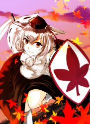 Rule 34 | 1girl, animal ears, autumn leaves, bad id, bad pixiv id, blue sky, blush, falling leaves, female focus, foro (planet cage), hat, inubashiri momiji, leaf, looking at viewer, o kawa, pom pom (clothes), red eyes, shield, silver hair, sky, solo, tokin hat, touhou, wolf ears