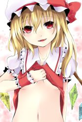 Rule 34 | 1girl, bad id, bad pixiv id, blonde hair, blush, bonnet, breasts, clothes lift, crystal, dress, dress lift, embodiment of scarlet devil, fangs, female focus, flandre scarlet, hat, navel, open mouth, red dress, red eyes, richard, shirt lift, side ponytail, small breasts, smile, solo, touhou, underboob, upper body, wings