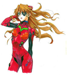 Rule 34 | 1girl, :o, arm behind back, bodysuit, breasts, brown hair, cowboy shot, cropped legs, duct tape, eyepatch, floating hair, gloves, hair ornament, hand in own hair, hand up, highres, long hair, looking at viewer, neon genesis evangelion, open mouth, pilot suit, plugsuit, rebuild of evangelion, simple background, skinny, small breasts, solo, souryuu asuka langley, traditional media, turtleneck, very long hair, white background