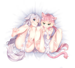 Rule 34 | 2girls, animal ear fluff, animal ears, ass, bad id, bad pixiv id, barefoot, blue eyes, breasts, cat ears, cat tail, character request, convenient censoring, deany, dog ears, dog tail, dress, feet, green eyes, hand to own mouth, hands on own breasts, hands on own thighs, highres, knees up, legs, legs up, long hair, low-tied long hair, lying, multiple girls, no panties, off shoulder, on back, one eye closed, open mouth, pink hair, ponytail, silver hair, smile, soles, soulworker, spread legs, spread toes, stella unibell, sundress, tail, thighs, toes, torn clothes, torn dress, very long hair, white dress