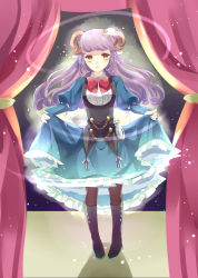 Rule 34 | 1girl, absurdres, animal ears, black footwear, black pantyhose, boots, bow, bowtie, brown eyes, clothes lift, curtains, dress, dress lift, full body, hair ornament, highres, horns, indoors, long hair, looking at viewer, miracle nikki, pantyhose, pocket watch, puffy sleeves, purple hair, red bow, red bowtie, sheep ears, sheep hair ornament, sheep horns, siro asterisk, solo, watch