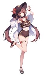 Rule 34 | 1girl, absurdres, adapted costume, armpits, arms up, bare shoulders, black choker, black hat, breasts, brown hair, brown shirt, brown shorts, choker, cleavage, crop top, flower, full body, genshin impact, gold trim, grin, hat, hat flower, high-waist shorts, highres, hu tao (genshin impact), jacket, leg up, long hair, long sleeves, looking at viewer, medium breasts, midriff, navel, off shoulder, open clothes, open jacket, red eyes, sandals, shirt, short shorts, shorts, sleeveless, sleeveless shirt, small breasts, smile, solo, spaghetti strap, standing, standing on one leg, stomach, sun hat, thighlet, thighs, twintails, ugwa, very long hair, white jacket, wristband