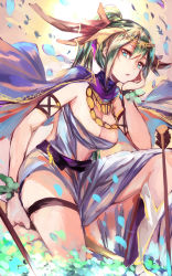 Rule 34 | 1girl, arrow (projectile), artemis (p&amp;d), blue eyes, breasts, cape, head rest, cleavage, flower, green hair, highres, jewelry, large breasts, long hair, mi bait, necklace, petals, ponytail, puzzle &amp; dragons, solo