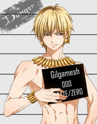 Rule 34 | 1boy, bad id, bad pixiv id, blonde hair, bracelet, earrings, fate/zero, fate (series), gilgamesh (fate), jewelry, male focus, mugshot, necklace, nude, prison lineup, red eyes, solo, yy (yytomb)