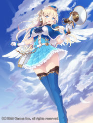 Rule 34 | 1girl, bag, belt, blonde hair, blue eyes, blue sky, blue thighhighs, breasts, cait aron, capelet, cloud, commentary request, copyright name, day, elbow gloves, feathers, frilled skirt, frills, gloves, gluteal fold, gyakushuu no fantasica, hat, headset, holding, long hair, looking at viewer, medium breasts, megaphone, official art, open mouth, original, outdoors, pleated skirt, skirt, sky, solo, thigh gap, thighhighs, white gloves, wings, zettai ryouiki
