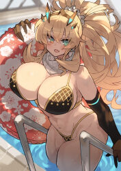 Rule 34 | 1girl, abs, absurdres, bare shoulders, barghest (fate), bikini, black bikini, black gloves, blonde hair, breasts, cleavage, elbow gloves, fairy knight gawain (ice warrior) (fate), fate/grand order, fate (series), gloves, gold trim, green eyes, hair ornament, hair scrunchie, high ponytail, highleg, highleg bikini, highres, horns, huge breasts, innertube, katsu (katsupainter), long hair, looking at viewer, muscular, muscular female, navel, open mouth, ponytail, pool, poolside, rei no pool, scarf, scrunchie, sidelocks, solo, swim ring, swimsuit, thick thighs, thighs, water, wet, white scarf, white scrunchie