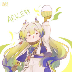 Rule 34 | 1girl, absurdres, arknights, artist logo, blonde hair, bowl, chibi, commentary, cowboy shot, dragon girl, dragon horns, earrings, green hair, grey hair, grey jacket, grey pants, haaiiro, highres, holding, holding bowl, horns, jacket, jewelry, long hair, long sleeves, multicolored hair, necklace, no nose, notice lines, open clothes, open jacket, open mouth, outstretched arm, pants, pointy ears, pun, purple hair, purple jacket, rice, rice bowl, shamoji, shu (arknights), simple background, solid eyes, solo, standing, symbol-only commentary, triangle mouth, very long hair, white background