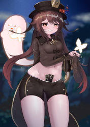 Rule 34 | 1girl, :d, absurdly long hair, ahoge, black nails, black shorts, blurry, brown hair, bug, butterfly, chinese clothes, clothes lift, commentary request, coupon, depth of field, flower, genshin impact, ghost, grin, groin, hair between eyes, hat, hat flower, hat ornament, highres, hu tao (genshin impact), insect, leaning forward, lifting own clothes, long hair, long sleeves, looking at viewer, lucifina 006, midriff, nail polish, navel, open mouth, paper, red eyes, shorts, sidelocks, smile, symbol-shaped pupils, twintails, very long hair