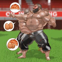 Rule 34 | 2boys, abs, arm hair, bara, barefoot, beard, big belly, bulge, chest hair, crotch grab, facial hair, from side, full body, grass, groping, hairy, hand under clothes, kumao-caffe, large pectorals, leg hair, male focus, mature male, motion lines, multiple boys, muscular, muscular male, navel, navel hair, nipples, old, old man, original, pectorals, profile, short hair, spoken object, stomach, strongman waist, thick eyebrows, thick thighs, thighs, topless male, trembling, yaoi