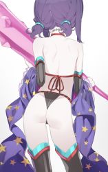 Rule 34 | 1girl, ass, back, bare shoulders, black panties, black thighhighs, child, choker, club, club (weapon), cowboy shot, detached sleeves, doremi (doremi4704), fate/grand order, fate (series), female focus, from behind, highres, holding, holding weapon, kanabou, nape, oni, panties, purple hair, short twintails, shuten douji (fate), shuten douji (fate/grand order), shuten douji (halloween caster) (fate), solo, spiked club, standing, thighhighs, twintails, underwear, weapon