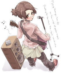 Rule 34 | 1girl, beamed quavers, electric guitar, english text, face, from behind, guitar, instrument, kyo (kuroichigo), long sleeves, looking back, microphone, microphone stand, music, musical note, original, quaver, sketch, solo, speaker