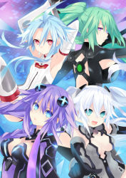 Rule 34 | 10s, 4girls, 4koma, :d, :o, absurdres, armpits, bad id, bad pixiv id, black heart (neptunia), blanc (neptunia), blue eyes, blue hair, blush, bodysuit, breasts, cleavage, cleavage cutout, clothing cutout, comic, derivative work, female focus, flankoi (jiqingjie2008), flat chest, green hair, green heart (neptunia), hair between eyes, hair ornament, highres, huge breasts, kami jigen game neptune v, large breasts, leotard, long hair, looking at viewer, multiple girls, neptune (neptunia), neptune (series), noire (neptunia), open mouth, parted lips, ponytail, purple eyes, purple hair, purple heart (neptunia), red eyes, short hair, smile, symbol-shaped pupils, tsunako, tsurime, twintails, upper body, vert (neptunia), white hair, white heart