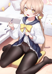Rule 34 | 1girl, absurdres, bag, blue archive, breasts, clothes lift, collarbone, couch, hifumi (blue archive), highres, indoors, lifting own clothes, light brown hair, looking at viewer, low twintails, medium breasts, notebook, open mouth, panties, panties under pantyhose, pantyhose, peroro (blue archive), ribbon, school uniform, sitting, skirt, skirt lift, taotao, twintails, underwear, yellow eyes