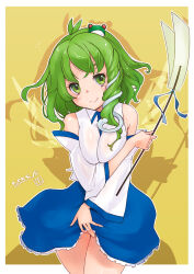 Rule 34 | 1girl, antenna hair, blue skirt, blush, border, breasts, breasts squeezed together, closed mouth, collared shirt, commentary request, cowboy shot, dated, detached sleeves, frilled skirt, frills, frog hair ornament, gohei, green eyes, green hair, hair ornament, highres, kei jiei, kochiya sanae, large breasts, long hair, looking at viewer, medium bangs, outside border, shadow, shirt, single sidelock, skirt, sleeveless, sleeveless shirt, smile, snake hair ornament, solo, touhou, white border, white shirt, white sleeves, yellow background
