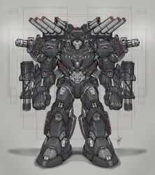 Rule 34 | absurdres, arm cannon, clenched hands, eko999, full body, highres, hulkbuster, marvel, mecha, missile pod, red eyes, robot, science fiction, shadow, shoulder cannon, straight-on, war machine, weapon