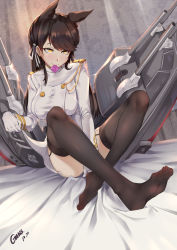 Rule 34 | 1girl, absurdres, animal ears, atago (azur lane), azur lane, black hair, black thighhighs, blush, closed mouth, clothes lift, come hither, condom, condom in mouth, condom wrapper, covered erect nipples, crossed ankles, dated, full body, garter straps, gins, highres, military, military uniform, mole, mole under eye, mouth hold, pencil skirt, sitting, skirt, skirt lift, solo, swept bangs, thighhighs, uniform, yellow eyes