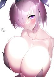 Rule 34 | 1girl, alternate breast size, bare shoulders, blush, breasts, cleavage, fate/grand order, fate (series), from above, hair over one eye, huge breasts, lee-taro, looking at viewer, mash kyrielight, pink background, pink hair, playboy bunny, purple eyes, short hair, smile, solo, upper body