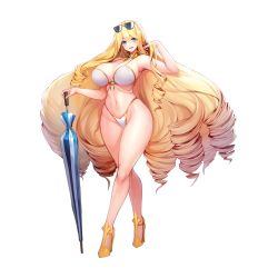 Rule 34 | 1girl, arm up, bare arms, bare legs, bare shoulders, big hair, bikini, blonde hair, blue eyes, blush, breasts, charlotte (last origin), closed umbrella, curly hair, curvy, drill hair, eyewear on head, full body, game cg, gem, gold bikini, groin, high heels, highleg, highleg bikini, highres, huge breasts, jewelry, last origin, long hair, looking at viewer, micro bikini, midriff, navel, official art, one-piece swimsuit, open mouth, revealing clothes, simple background, skindentation, smile, snowball22, solo, standing, stomach, string bikini, sunglasses, swimsuit, tachi-e, thick thighs, thighs, transparent background, umbrella, very long hair, wide hips