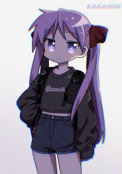 Rule 34 | 1girl, backpack, bag, black shorts, black sweater, commentary request, haaam, hair ribbon, hand on own hip, highres, hiiragi kagami, long hair, long sleeves, looking at viewer, lucky star, purple eyes, purple hair, red ribbon, ribbon, shorts, sleeves past wrists, solo, sweater, thighs, twintails
