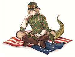 Rule 34 | 1boy, ^^^, american flag, argyle, argyle clothes, argyle sweater, bad id, bad pixiv id, bandage on face, bandages, belt, blonde hair, boots, crossed legs, diego brando, dinosaur, dinosaur tail, flag, gloves, green eyes, green hat, green sweater, hair between eyes, hand on own chin, hat, head rest, headpat, heart, highres, historical american flag, jojo no kimyou na bouken, knee boots, male focus, scary monsters (stand), shibia (tagou), short hair, sideways glance, sitting, solo, spurs, steel ball run, sweater, tail, turtleneck, white background, white gloves