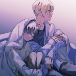 2boys ahoge black_hair black_pants black_shirt blonde_hair blue_cardigan cardigan closed_eyes covering_with_blanket grey_sweater hair_over_one_eye hugging_own_legs male_focus multiple_boys original pants re1mit0 shirt short_hair sleeping sleeping_on_person sweater thick_eyebrows undercut yaoi