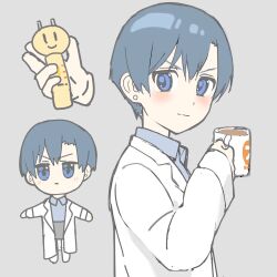 Rule 34 | 1girl, asymmetrical bangs, blue eyes, blue hair, blue shirt, blush, blush stickers, chibi, close-up, closed mouth, coffee, collared shirt, cup, dot nose, earrings, from side, full body, grey background, hair between eyes, holding, holding cup, holding toy, jewelry, jitome, lab coat, light smile, looking at viewer, mug, multiple views, muted color, nakakiwaz, nakamura kana, nichijou, no nose, pearl earrings, portrait, shirt, short hair, solo, tareme, toy, v-shaped eyebrows