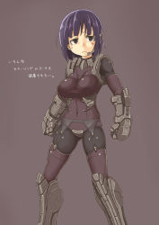 Rule 34 | 1girl, armor, armored boots, black bodysuit, black eyes, bob cut, bodysuit, boots, borrowed character, breasts, clenched hand, covered navel, detached sleeves, exoskeleton, feet out of frame, garter belt, garter straps, gauntlets, hair strand, headset, highres, large breasts, legs apart, looking afar, metal bikini, mhjk (mos yen), microphone, original, oteruko (wanabeee), purple background, purple hair, purple shirt, purple sleeves, purple thighhighs, shirt, short hair, simple background, solo, swimsuit over clothes, thighhighs, v-shaped eyebrows