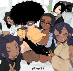 Rule 34 | 1boy, 6+girls, adri (whoopsatro), afro, artist self-insert, ava (whoopsatro), black-framed eyewear, character request, dark-skinned female, dark skin, dress, expressionless, fist pump, freckles, gigi (whoopsatro), glasses, grin, group picture, hair over eyes, hair over one eye, milestone celebration, mole, mole under mouth, multiple girls, office lady, original, pinstripe pattern, pinstripe shirt, plunging neckline, rimless eyewear, rory (whoopsatro), shirt, smile, striped, sweater, sweater dress, thank you, turtleneck, turtleneck dress, v, very dark skin, viv (whoopsatro), whoopsatro