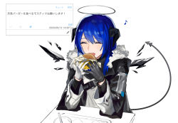 Rule 34 | 1girl, arknights, asymmetrical gloves, black coat, black gloves, black shirt, blue hair, burger, coat, commentary, demon horns, demon tail, detached wings, drinking straw, eating, closed eyes, food, fur-trimmed coat, fur trim, gloves, hair between eyes, halo, highres, holding, holding food, horns, long hair, mismatched gloves, mostima (arknights), musical note, odoroki itakotoni (kaiteki nakusshon), open clothes, open coat, open mouth, partially colored, product placement, shirt, simple background, smile, solo, straight hair, tail, translated, tray, upper body, vest, white background, white gloves, white vest, wings
