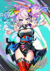 Rule 34 | 1girl, aura, biting, blue eyes, breasts, breasts apart, cleavage, cleavage cutout, clothes lift, clothing cutout, colorful, dedeen, dress, evil grin, evil smile, eyelashes, grin, groin, hair ornament, highres, kaguya luna, multicolored background, no panties, sash, short twintails, silver hair, sleeveless, smile, solo, standing, teeth, the moon studio, thighhighs, twintails, v-shaped eyebrows, virtual youtuber, zettai ryouiki