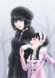 Rule 34 | 2girls, absurdres, age difference, beret, black beret, black choker, black coat, black hair, black headdress, black headwear, black jacket, black neckwear, blue eyes, blue lips, bow, branch, byackopath (artist), child, choker, closed mouth, coat, dress, ears, gloves, hair bow, hat, heart, heart choker, highres, holding hands, jacket, kunimoto yasuna (satsuki), long hair, long sleeves, looking down, looking up, mihara machiko (satsuki), multicolored clothes, multicolored headwear, multiple girls, nose, onee-loli, open mouth, original, outdoors, palms, pink coat, pink jacket, purple dress, red eyes, scarf, snow, snowflake necklace, snowflake print, snowflakes, snowing, teeth, tongue, tree, upper body, upper teeth only, white bow, white gloves, white headdress, white headwear, white pom poms, white scarf, winter, winter clothes, winter coat, yuri