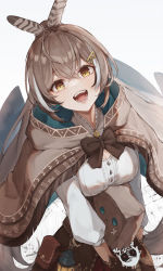 Rule 34 | 1girl, 2others, absurdres, ahoge, bag, blouse, bow, breasts, brown bow, brown eyes, brown gloves, brown hair, cleavage, cloak, cowboy shot, eyes visible through hair, feather hair ornament, feathers, friend (nanashi mumei), gloves, hair ornament, highres, hololive, hololive english, hood, hood down, lantern, long hair, multicolored hair, multiple others, nanashi mumei, nanashi mumei&#039;s horror painting, open mouth, paper bag, ponytail, pouch, red eyes, shirt, streaked hair, taiu, teeth, very long hair, virtual youtuber, white background, white shirt