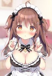 Rule 34 | 1girl, :&lt;, ahoge, apron, blurry, blurry background, blush, braid, breasts, brown eyes, brown hair, cleavage, collarbone, commentary request, depth of field, dress, frilled apron, frilled dress, frills, hair between eyes, hair ornament, hair ribbon, hairpin, hands up, headdress, heart, heart hair ornament, jewelry, kokoa-chan (pan (mimi)), lace, lace sleeves, large breasts, long hair, looking at viewer, maid, maid day, maid headdress, medium breasts, medium hair, nail polish, necklace, original, pan (mimi), parted lips, pink nails, ribbon, short sleeves, side braid, triangle mouth, two side up, white apron, wrist cuffs