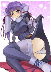 Rule 34 | 10s, 1girl, ass, azarashing day, bad id, bad pixiv id, blush, breasts, clothes lift, clothes pull, covered erect nipples, fram nara, gundam, gundam age, hair tubes, highres, large breasts, panties, pantyhose, pantyhose pull, purple eyes, purple hair, skirt, skirt lift, solo, thighhighs, twintails, underwear