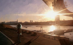 Rule 34 | 10s, 1girl, 2013, bad id, bad pixiv id, cityscape, english text, facing away, hair blowing, highway, jacket, ladic, lens flare, long hair, new year, original, reflection, river, road, shadow, sign, skirt, skyline, solo, standing, sun, sunset, water