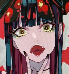 Rule 34 | 1girl, black hair, black nails, blunt bangs, close-up, eyelashes, fangs, fingernails, highres, lam (ramdayo), long hair, multicolored eyes, multicolored hair, nail polish, open mouth, original, portrait, simple background, solo, tongue, tongue out, yellow eyes