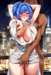 Rule 34 | 1boy, 1girl, armpits, arms behind head, arms up, azur lane, backless dress, backless outfit, bad id, bad pixiv id, bald, bare shoulders, blue hair, blue nails, blush, grabbing another&#039;s breast, breast lift, breasts, breath, building, cityscape, cleavage, clothed female nude male, cowboy shot, cowgirl position, dark-skinned male, dark skin, dress, earrings, evening gown, faceless, faceless male, fingering, foxyreine, girl on top, grabbing, grabbing from behind, grey dress, hair ornament, hairclip, halter dress, halterneck, indoors, jewelry, large breasts, legs together, nail polish, necklace, night, night sky, no bra, nude, open mouth, parted lips, pink eyes, plunging neckline, pussy juice, reach-around, revealing clothes, side ponytail, sidelocks, silver dress, sky, skyscraper, st. louis (azur lane), st. louis (luxurious wheels) (azur lane), standing, straddling, thigh gap, thighs