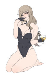 Rule 34 | 1girl, bad id, bad pixiv id, ban! (bansankan), bare shoulders, barefoot, black gloves, black one-piece swimsuit, black ribbon, breasts, brown eyes, cleavage, covered navel, criss-cross halter, cup, drinking glass, finger in own mouth, full body, girls und panzer, gloves, hair ribbon, halterneck, holding, holding cup, large breasts, long hair, looking at viewer, low-tied long hair, mature female, navel, one-piece swimsuit, removing glove, ribbon, seiza, shimada chiyo, simple background, sitting, solo, swept bangs, swimsuit, thighs, white background
