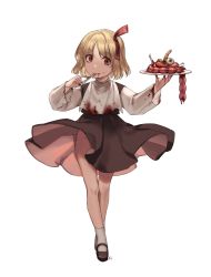 Rule 34 | 1girl, absurdres, black dress, black footwear, blonde hair, blood, bone, commentary request, dress, eyeball, full body, guro, highres, holding, holding plate, long sleeves, looking at viewer, mary janes, no panties, organs, plate, red eyes, rumia, shan, shirt, shoes, short hair, simple background, solo, standing, thighs, touhou, white background, white legwear, white shirt