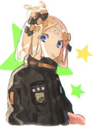 Rule 34 | 1girl, abigail williams (fate), abigail williams (traveling outfit) (fate), black bow, black jacket, blonde hair, blue eyes, bow, craytm, cropped torso, fate/grand order, fate (series), hair bow, hair bun, highres, jacket, looking at viewer, mouth hold, official alternate costume, orange bow, parted bangs, single hair bun, solo, star (symbol), starry background, stuffed animal, stuffed toy, teddy bear, upper body, white background