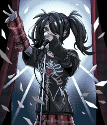 Rule 34 | 1girl, ame-chan (needy girl overdose), black hair, black shirt, eencya, hair ornament, hair over one eye, microphone, needy girl overdose, official art, plaid, plaid skirt, red skirt, second-party source, shirt, skirt, solo, twintails
