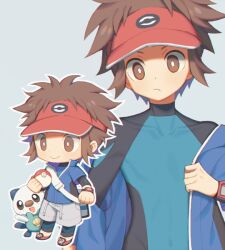 Rule 34 | 1boy, blue jacket, bodysuit, bodysuit under clothes, bright pupils, brown eyes, brown hair, chibi, closed mouth, commentary request, covered collarbone, creatures (company), game freak, gen 5 pokemon, grey background, grey shorts, holding, holding poke ball, jacket, looking down, male focus, multiple views, nate (pokemon), nintendo, off shoulder, open clothes, open jacket, oshawott, outline, poke ball, poke ball (basic), pokemon, pokemon (creature), pokemon bw2, red headwear, shoes, short hair, shorts, visor cap, white pupils, wusagi2, xtransceiver