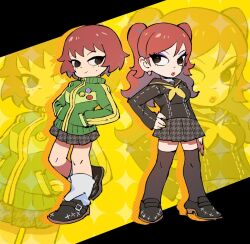 Rule 34 | black eyes, black skirt, brown hair, colored eyelashes, commentary, cosplay, earrings, envy adams, green jacket, jacket, jewelry, kim pine, kujikawa rise, kujikawa rise (cosplay), long hair, persona, persona 4, sailor collar, satonaka chie, satonaka chie (cosplay), school uniform, scott pilgrim (series), short hair, skirt, tetsu (teppei), thighhighs, track jacket, twintails